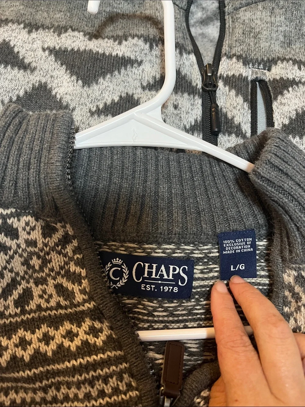 Chaps Gray and Cream Fair Isle Half-Zip Sweater